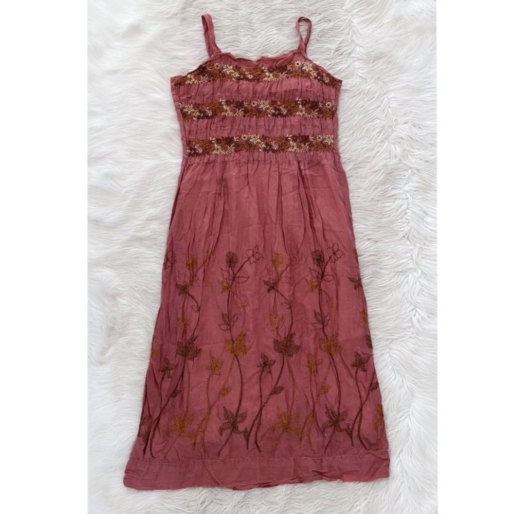 Johnny Was Dusty Rose Midi Dress with Embroidered Floral Trim